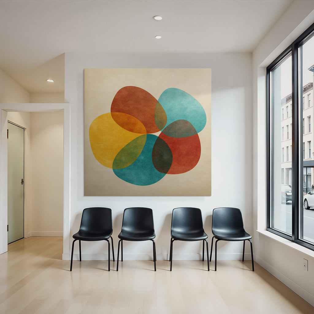 Farbenfrohes Abstraktes Design Mit Ueberlappenden Formen Auf Beige Hintergrund