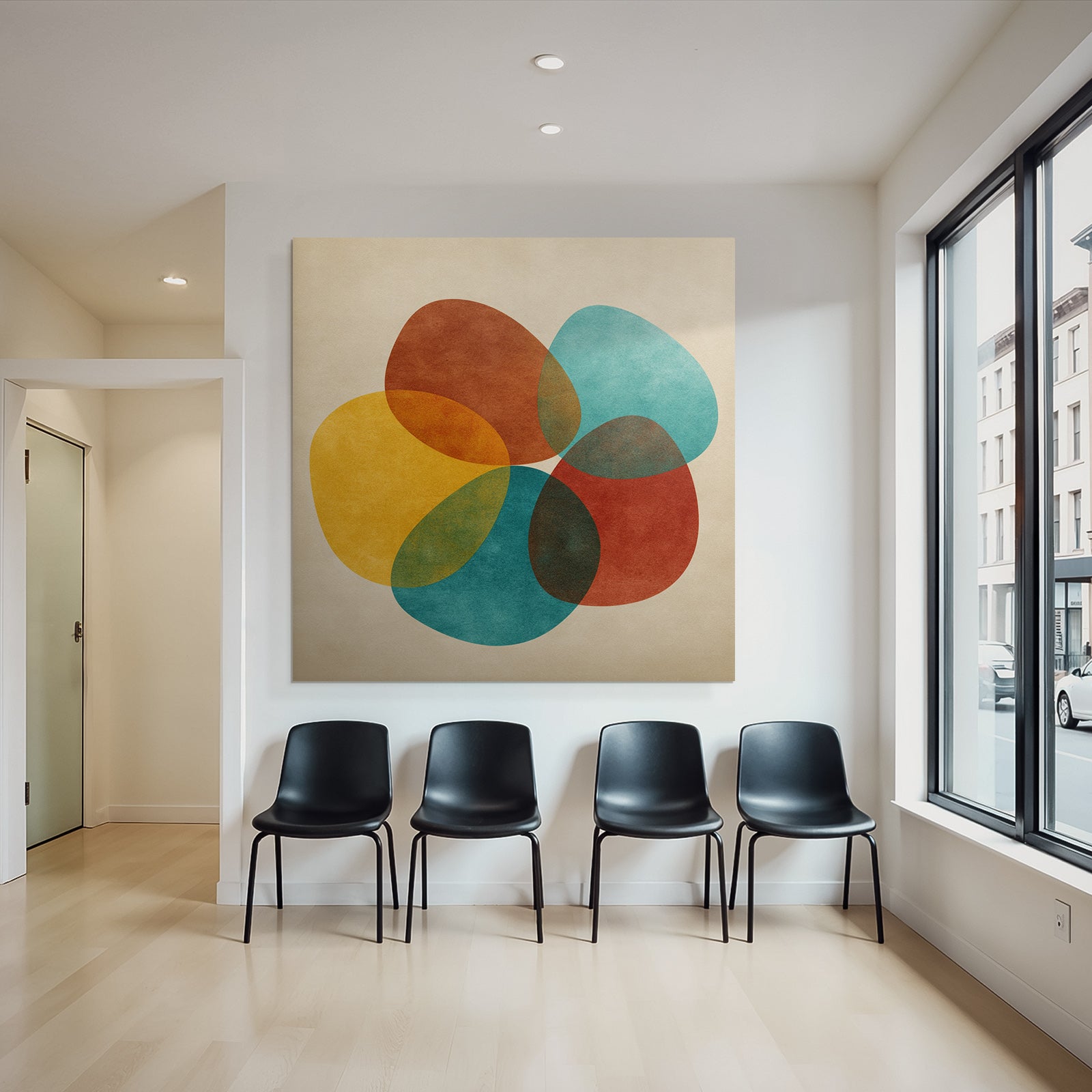 Farbenfrohes Abstraktes Design Mit Ueberlappenden Formen Auf Beige Hintergrund