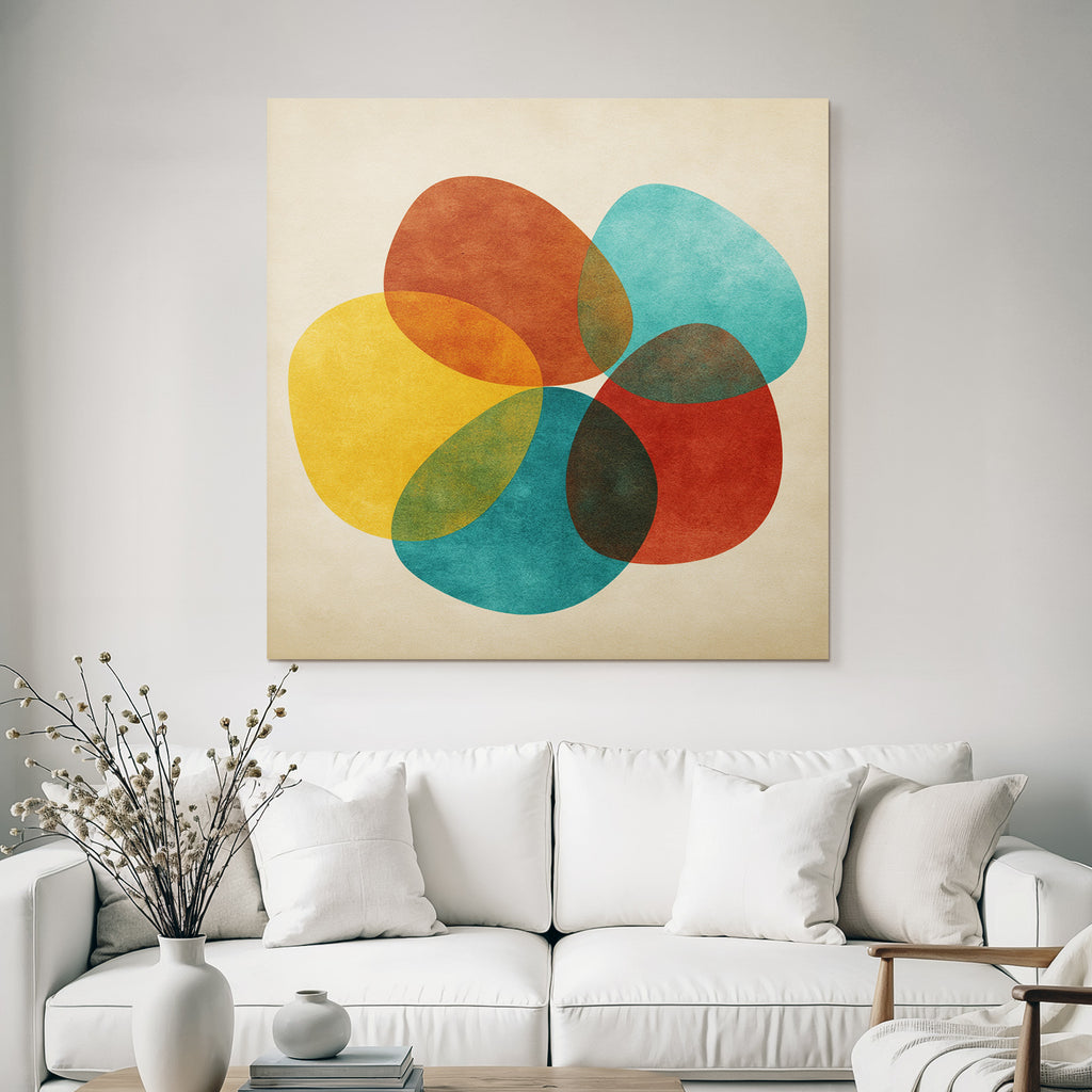 Farbenfrohes Abstraktes Design Mit Ueberlappenden Formen Auf Beige Hintergrund