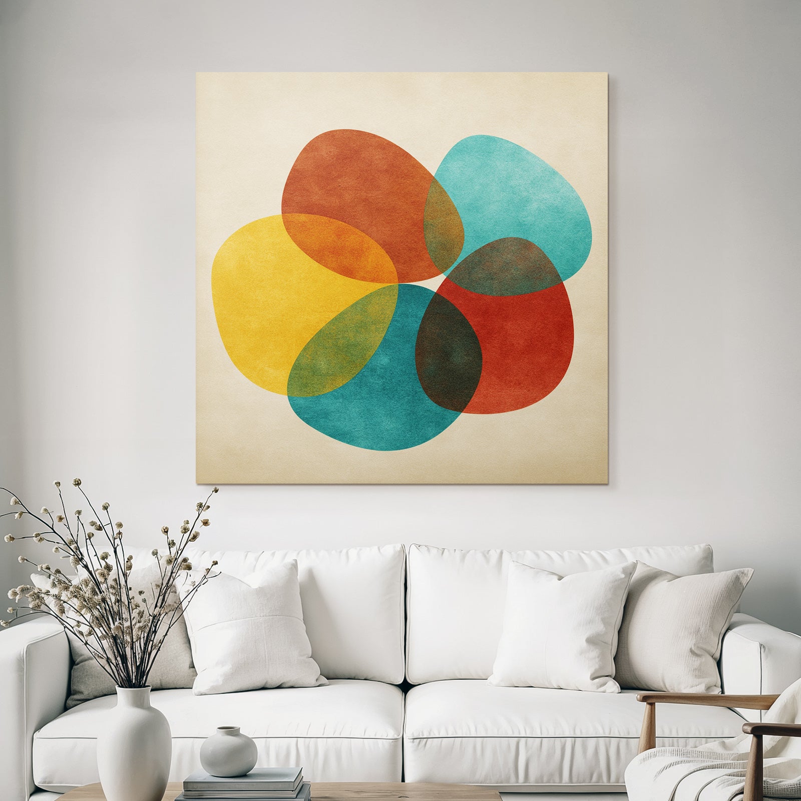 Farbenfrohes Abstraktes Design Mit Ueberlappenden Formen Auf Beige Hintergrund