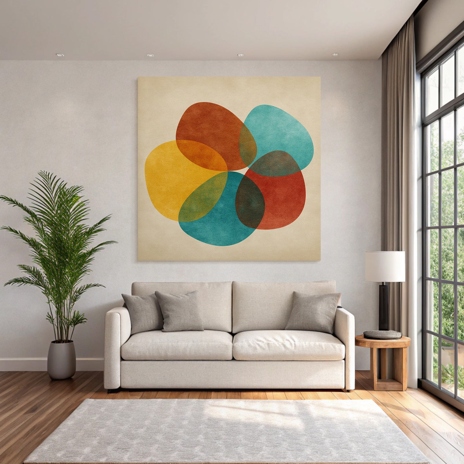 Farbenfrohes Abstraktes Design Mit Ueberlappenden Formen Auf Beige Hintergrund