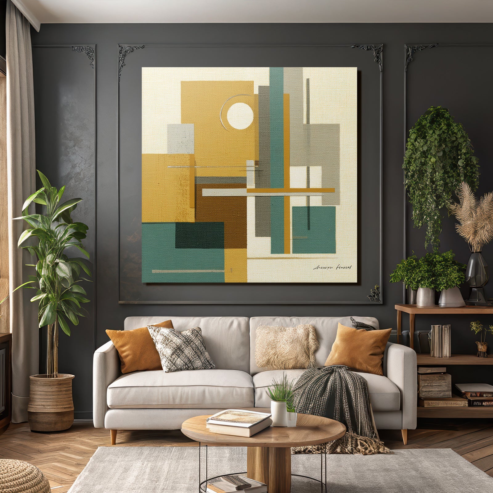 Geometrische Abstracte Kunst Gelb Tuerkis Grau