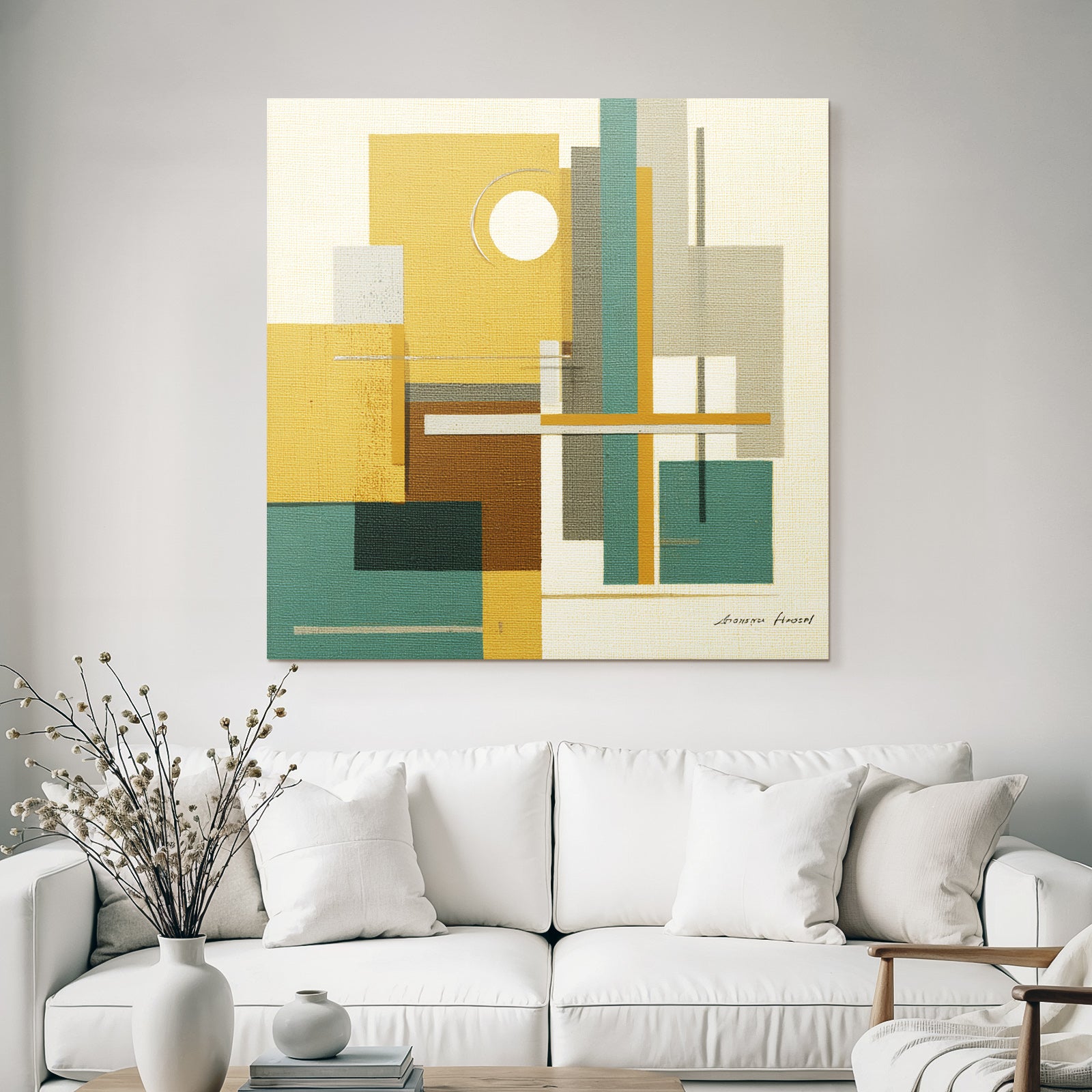 Geometrische Abstracte Kunst Gelb Tuerkis Grau