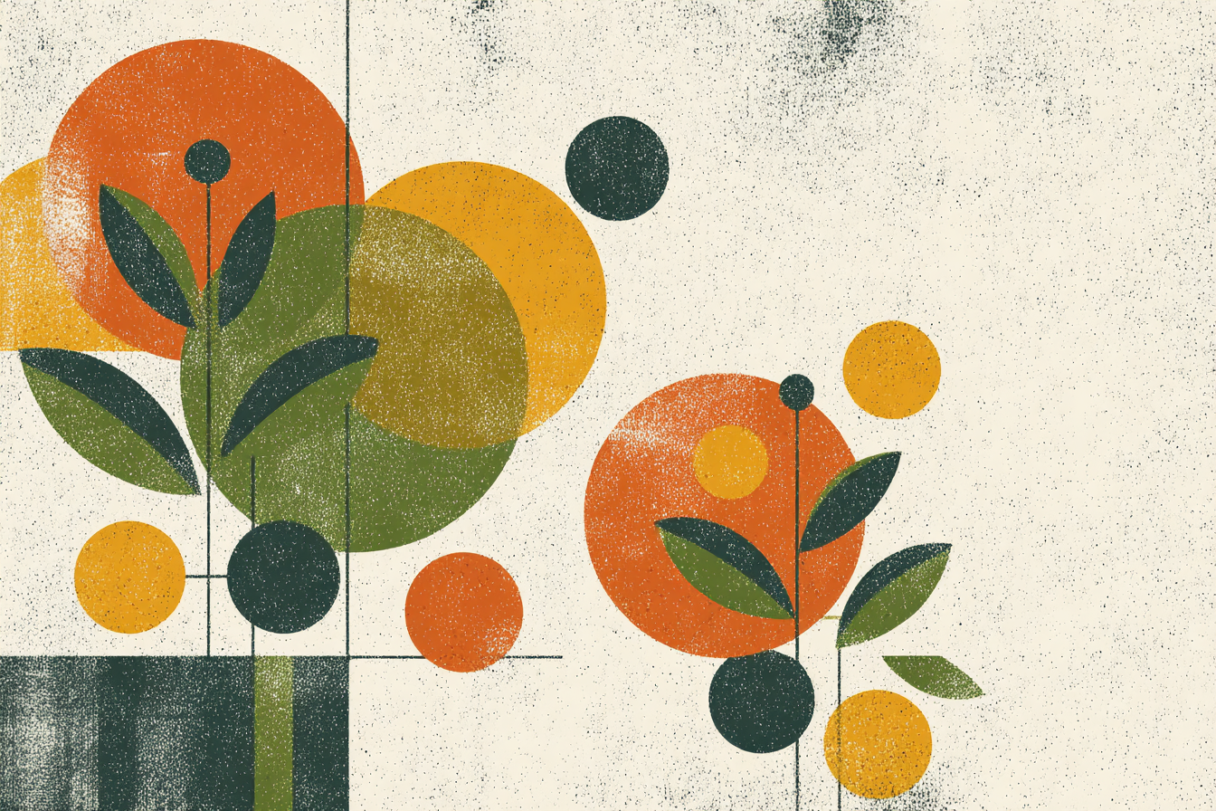 Abstrakte Illustration Geometrische Formen Farben Blumenelemente | Mid Century Modern | Einrichtungsstile