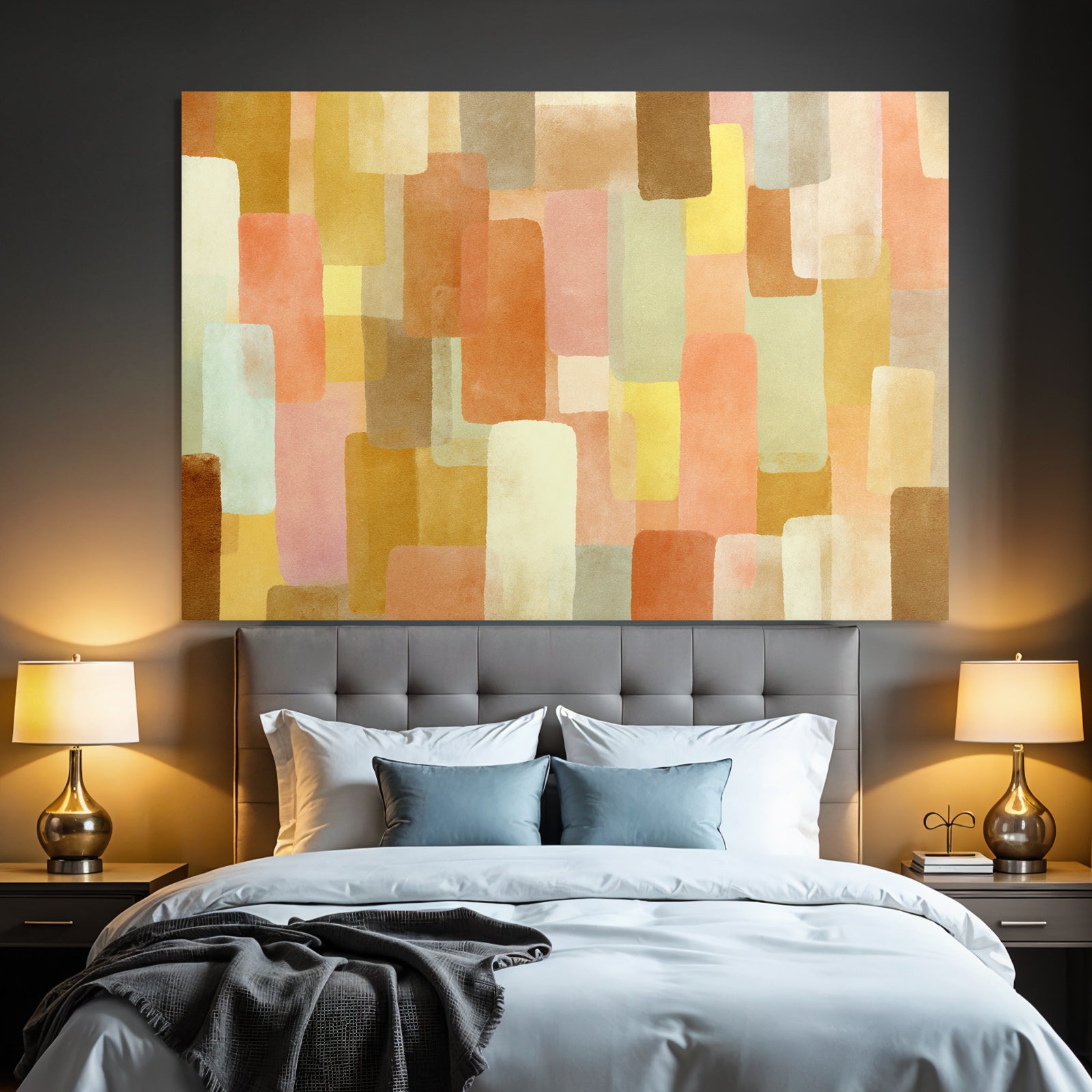 Abstraktes Aquarellbild Mit Rechtecken Und Warmen Farben Orange Gelb Beige Teal