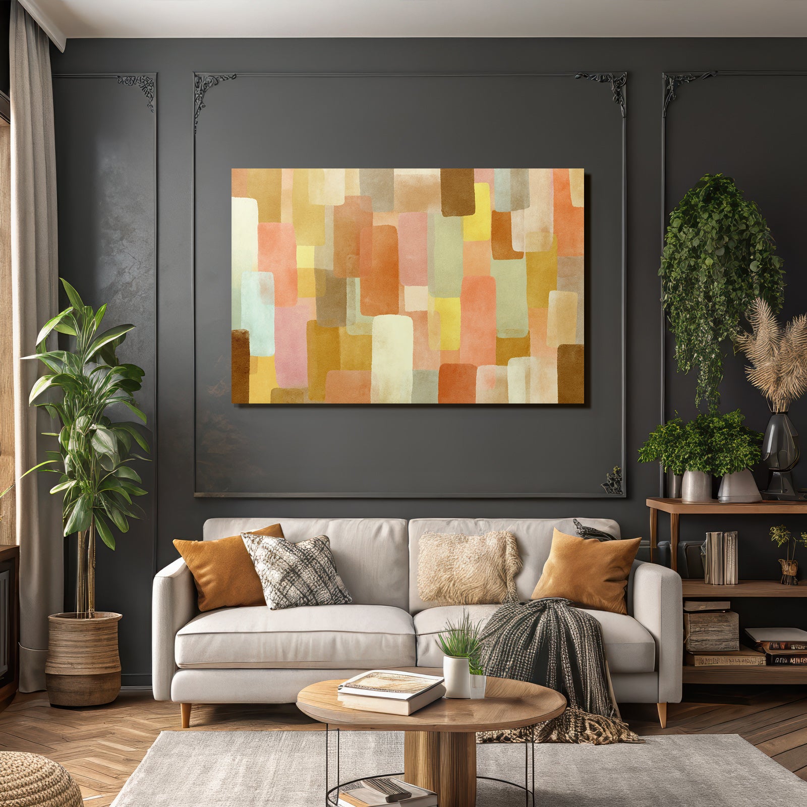 Abstraktes Aquarellbild Mit Rechtecken Und Warmen Farben Orange Gelb Beige Teal