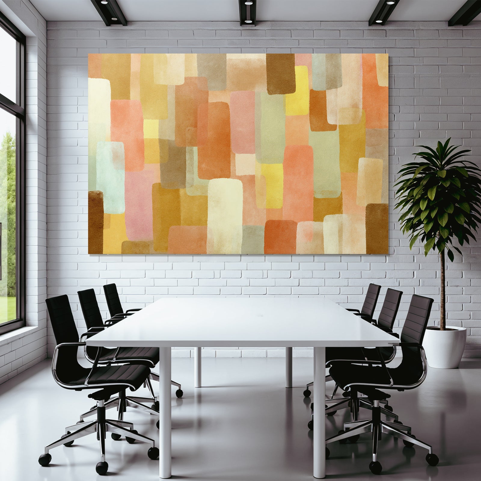 Abstraktes Aquarellbild Mit Rechtecken Und Warmen Farben Orange Gelb Beige Teal