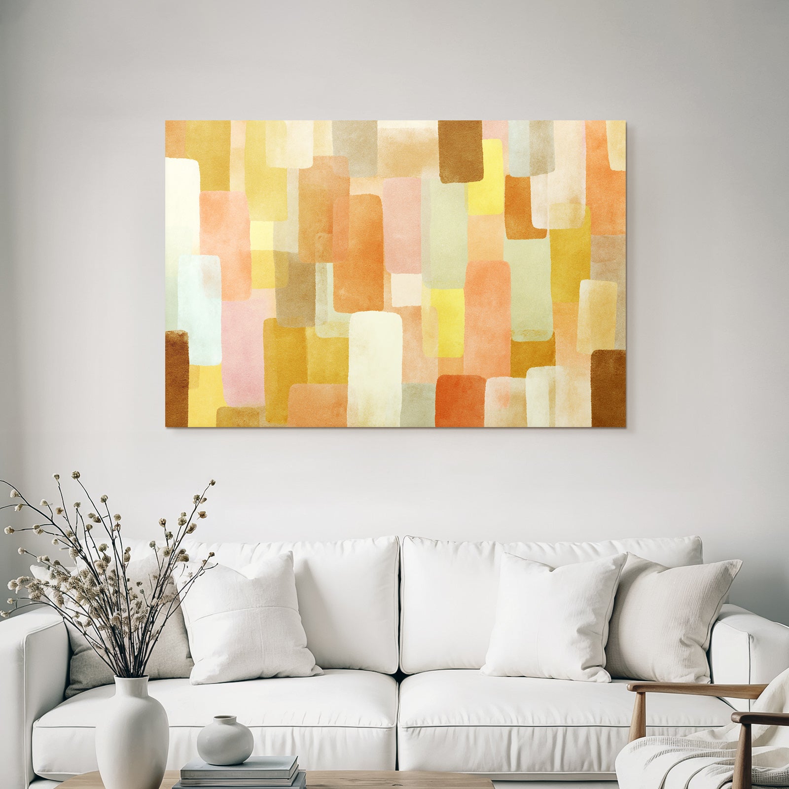 Abstraktes Aquarellbild Mit Rechtecken Und Warmen Farben Orange Gelb Beige Teal