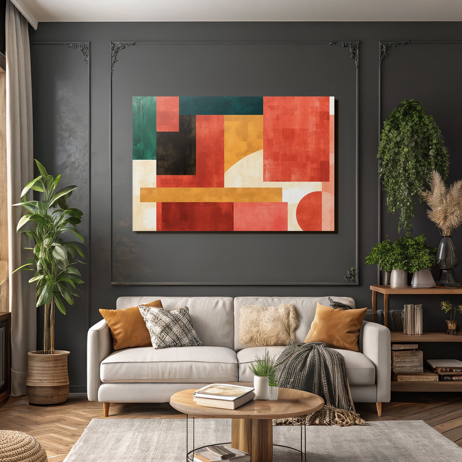 Abstraktes Design Geometrische Formen Farben Rot Gruen Schwarz Gelb Creme