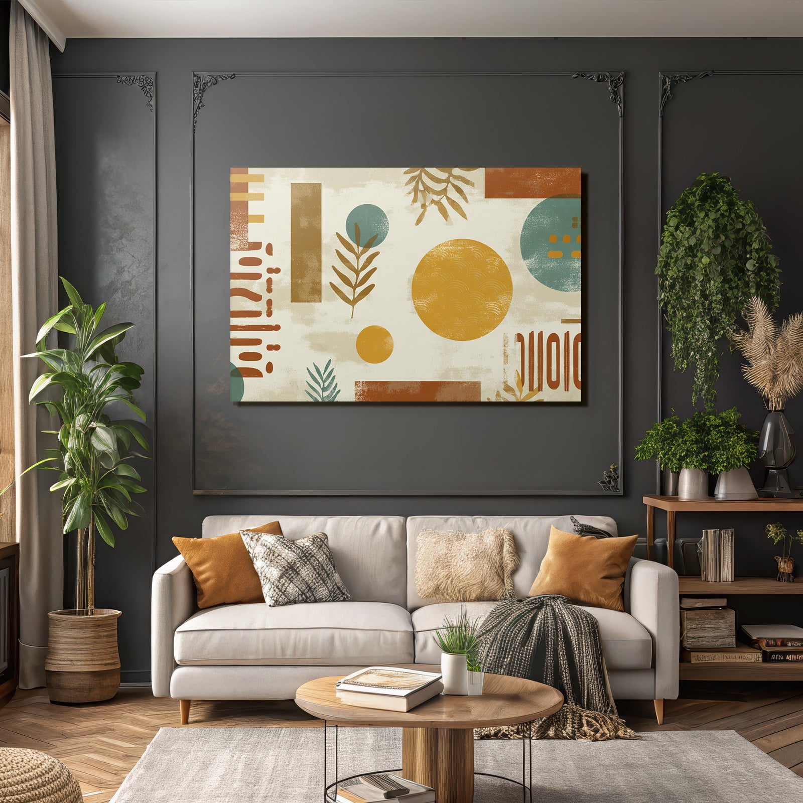 Abstraktes Design Geometrische Formen Kreise Blaetter Warme Farben