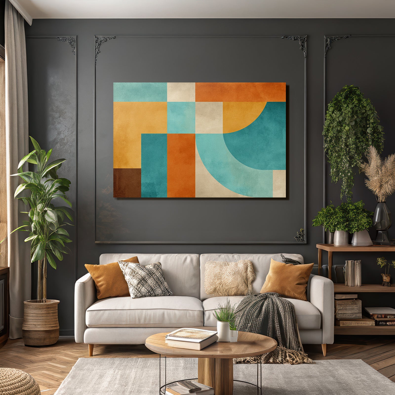 Abstraktes Design Geometrische Formen Orange Tuerkis Beige