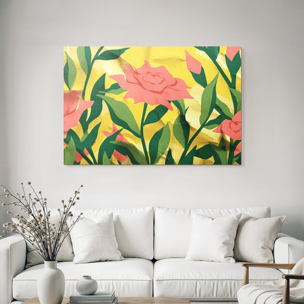 Blumenmuster Mit Rosen Und Gruener Blaetter Auf Gelbem Hintergrund