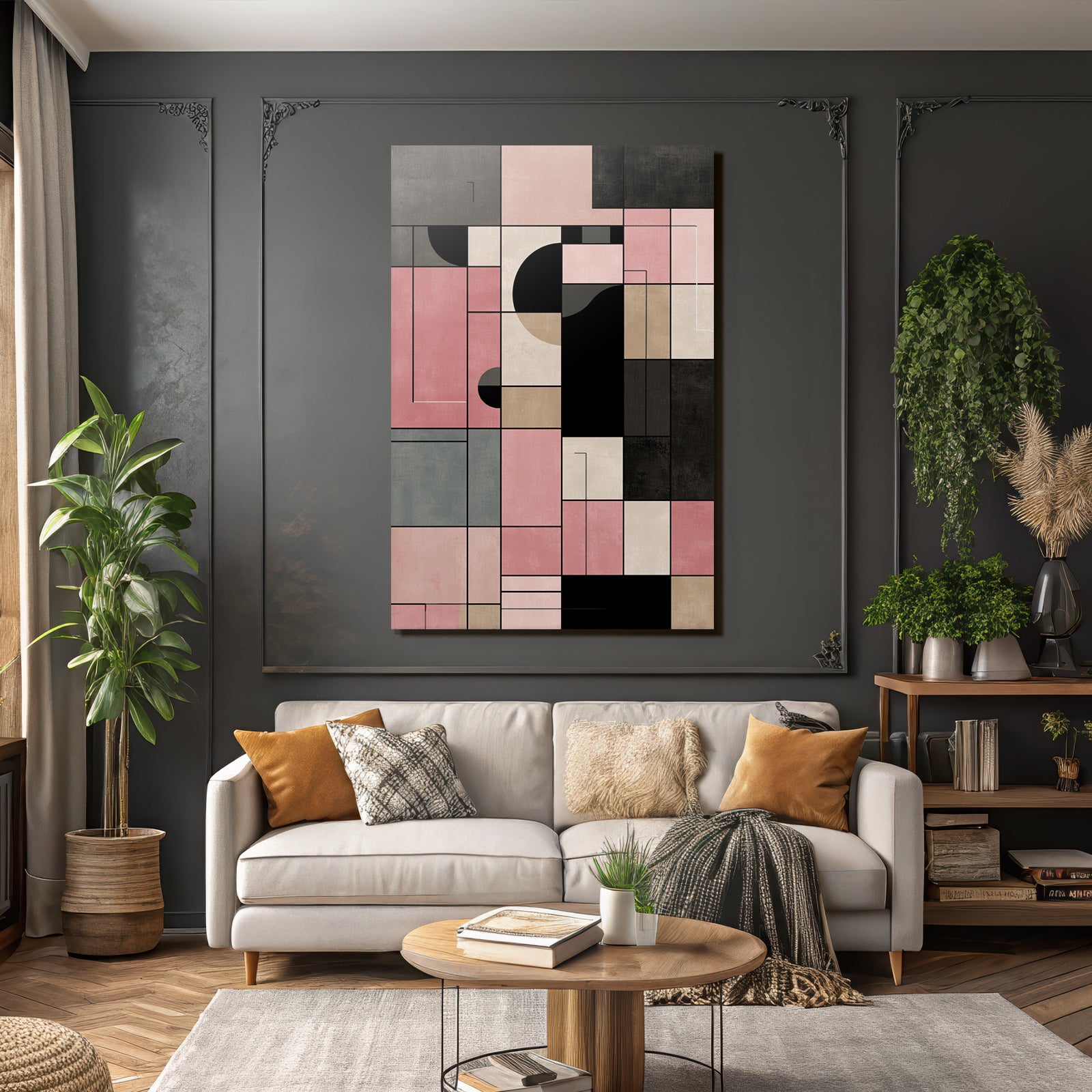 Abstract Geometrische Kunst Collage Schichten Rosa Beige Schwarz Grau