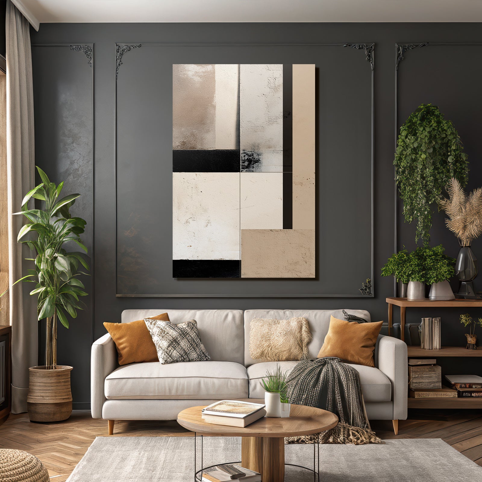 Abstract Composition Textured Panels Beige Cream Black