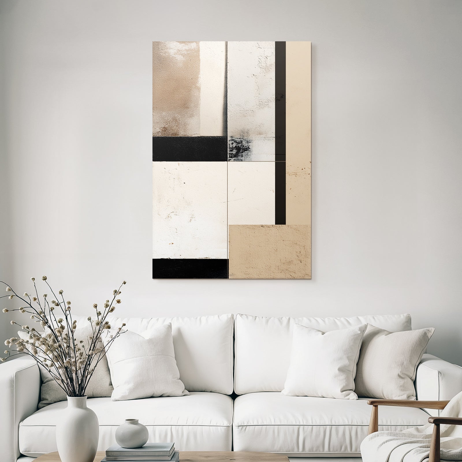 Abstract Composition Textured Panels Beige Cream Black