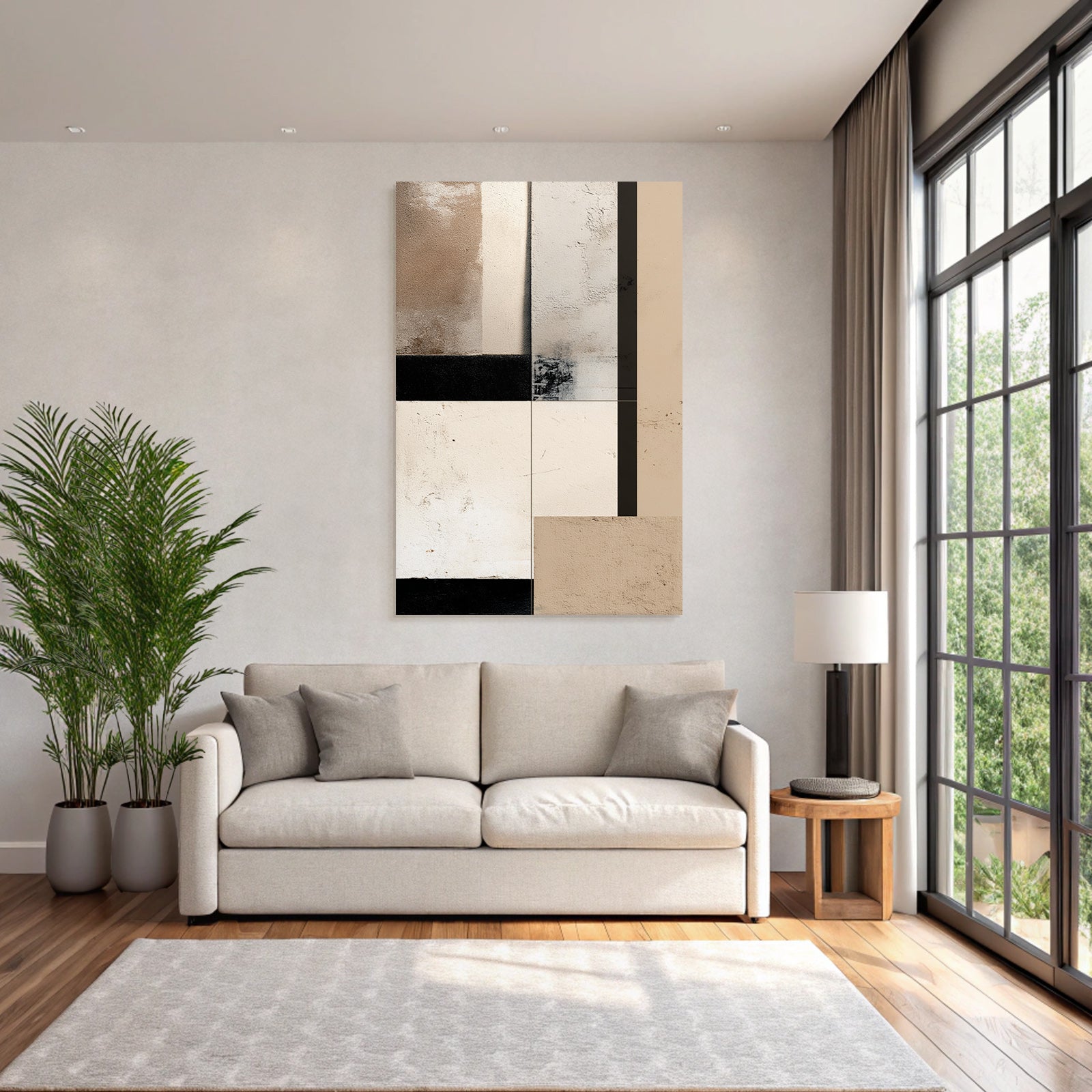 Abstract Composition Textured Panels Beige Cream Black