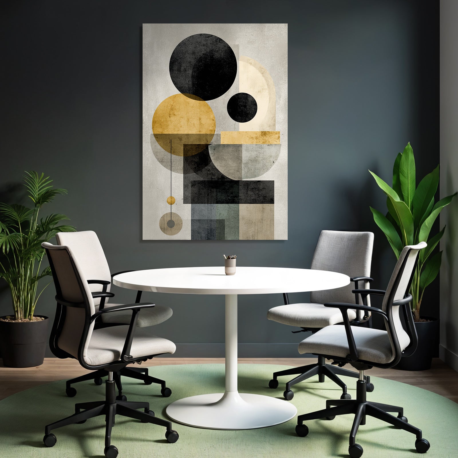 Abstract geometric compounding with black, golden, gray, and beige colors