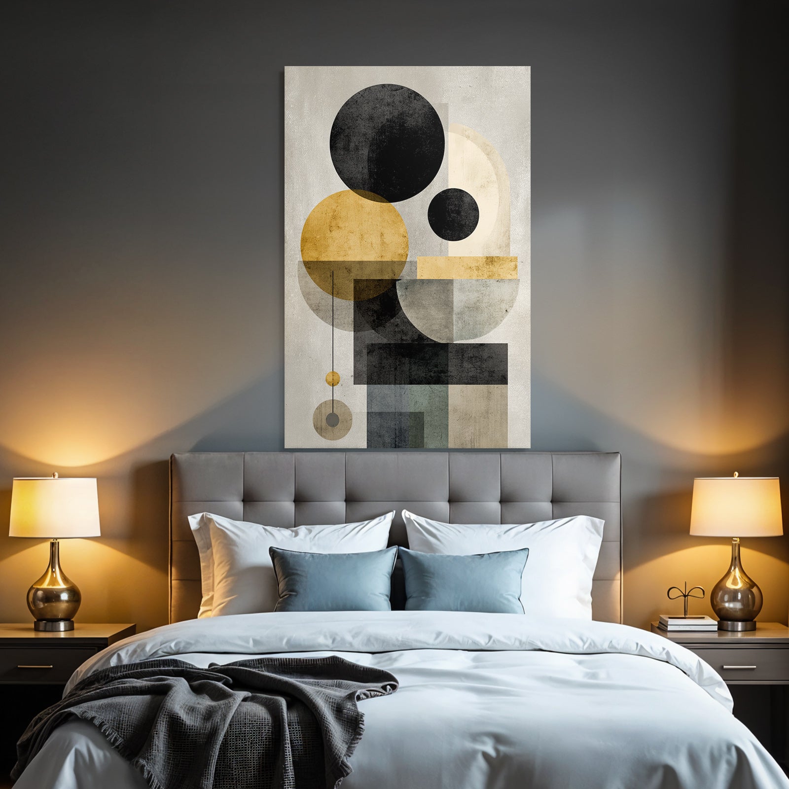 Abstract geometric compounding with black, golden, gray, and beige colors