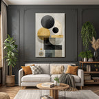 Abstract geometric compounding with black, golden, gray, and beige colors