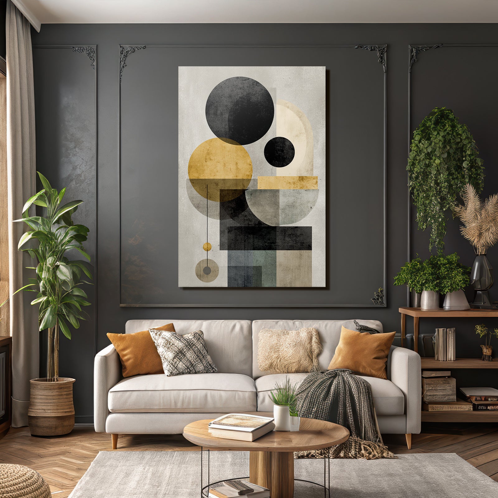 Abstract geometric compounding with black, golden, gray, and beige colors