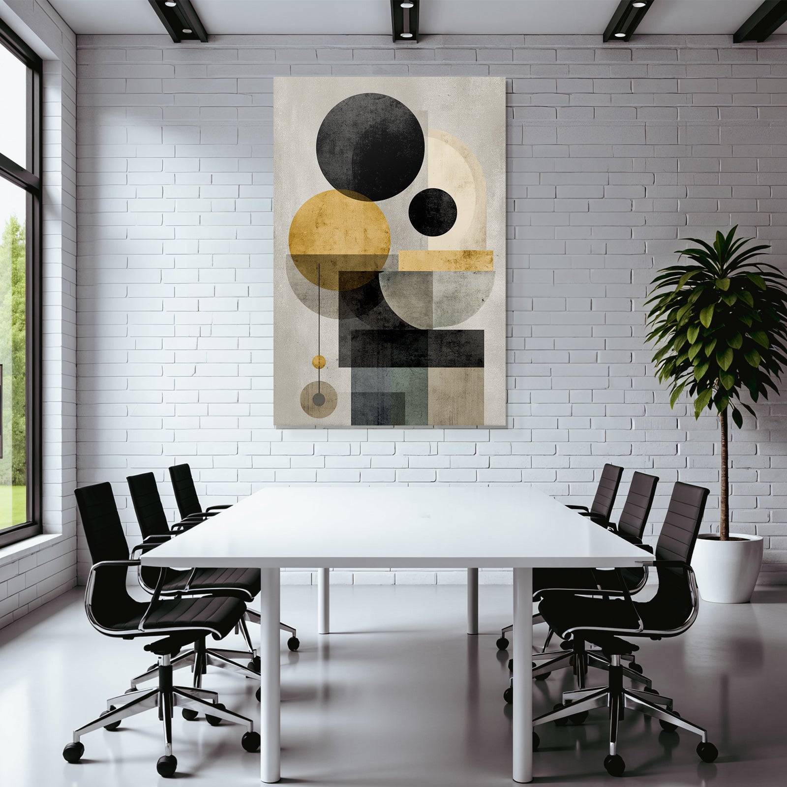 Abstract geometric compounding with black, golden, gray, and beige colors