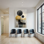 Abstract geometric compounding with black, golden, gray, and beige colors