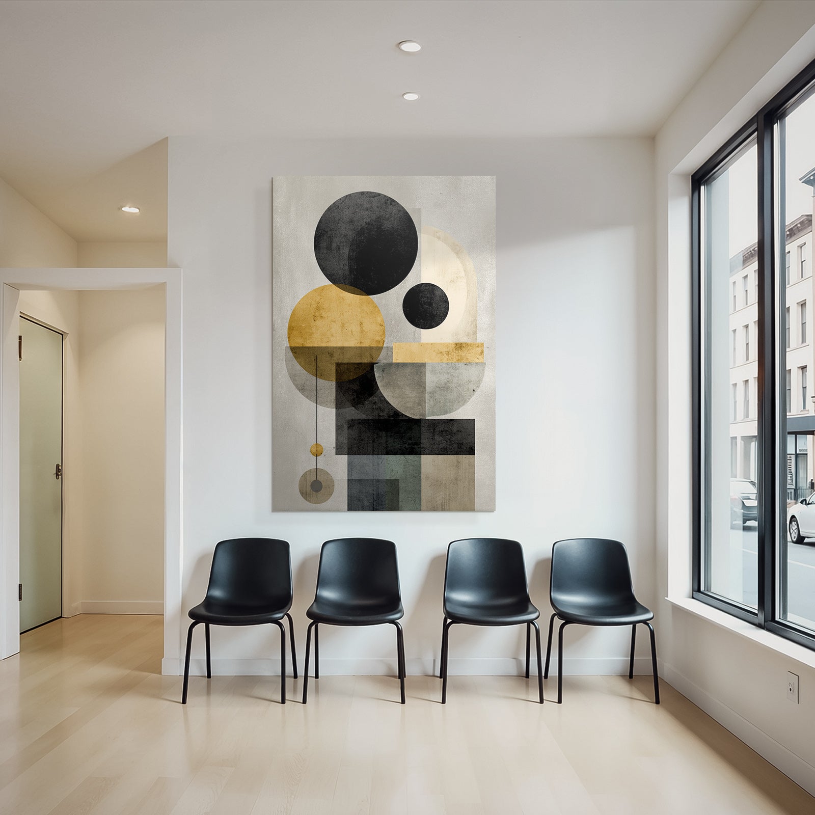 Abstract geometric compounding with black, golden, gray, and beige colors