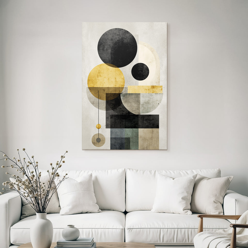 Abstract geometric compounding with black, golden, gray, and beige colors