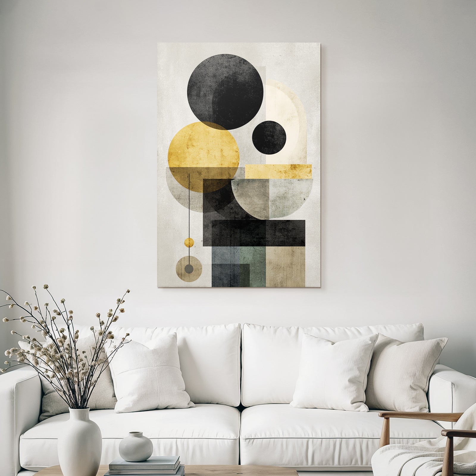 Abstract geometric compounding with black, golden, gray, and beige colors