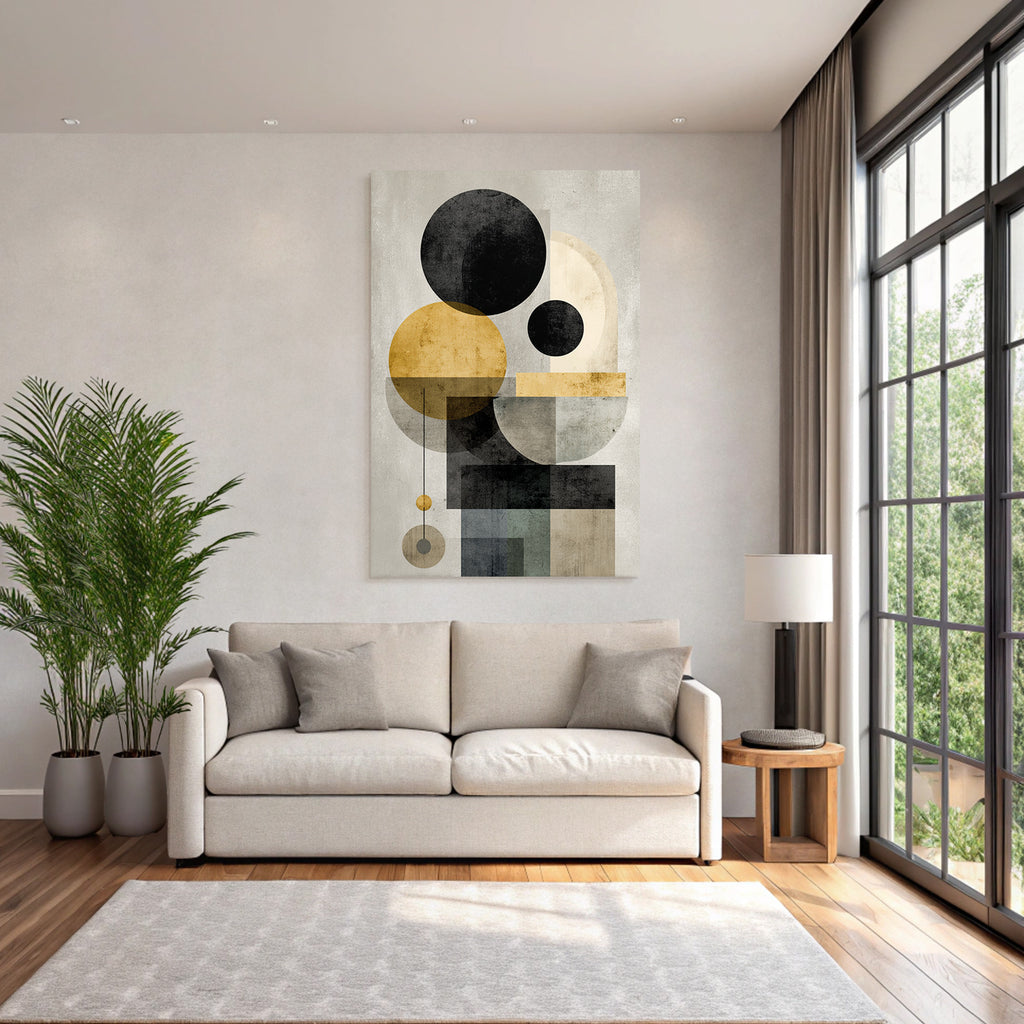 Abstract geometric compounding with black, golden, gray, and beige colors