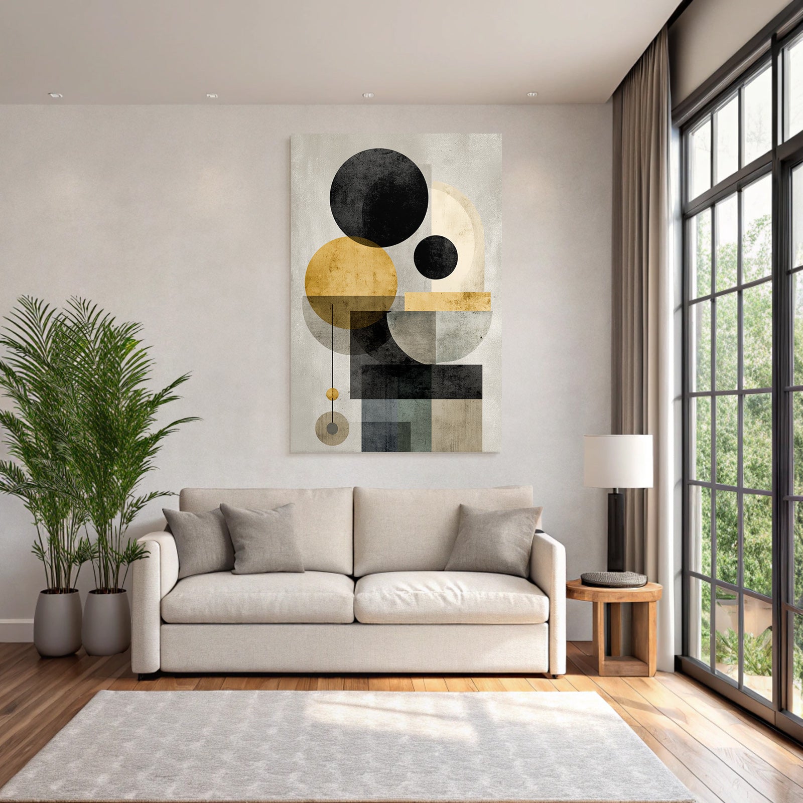 Abstract geometric compounding with black, golden, gray, and beige colors