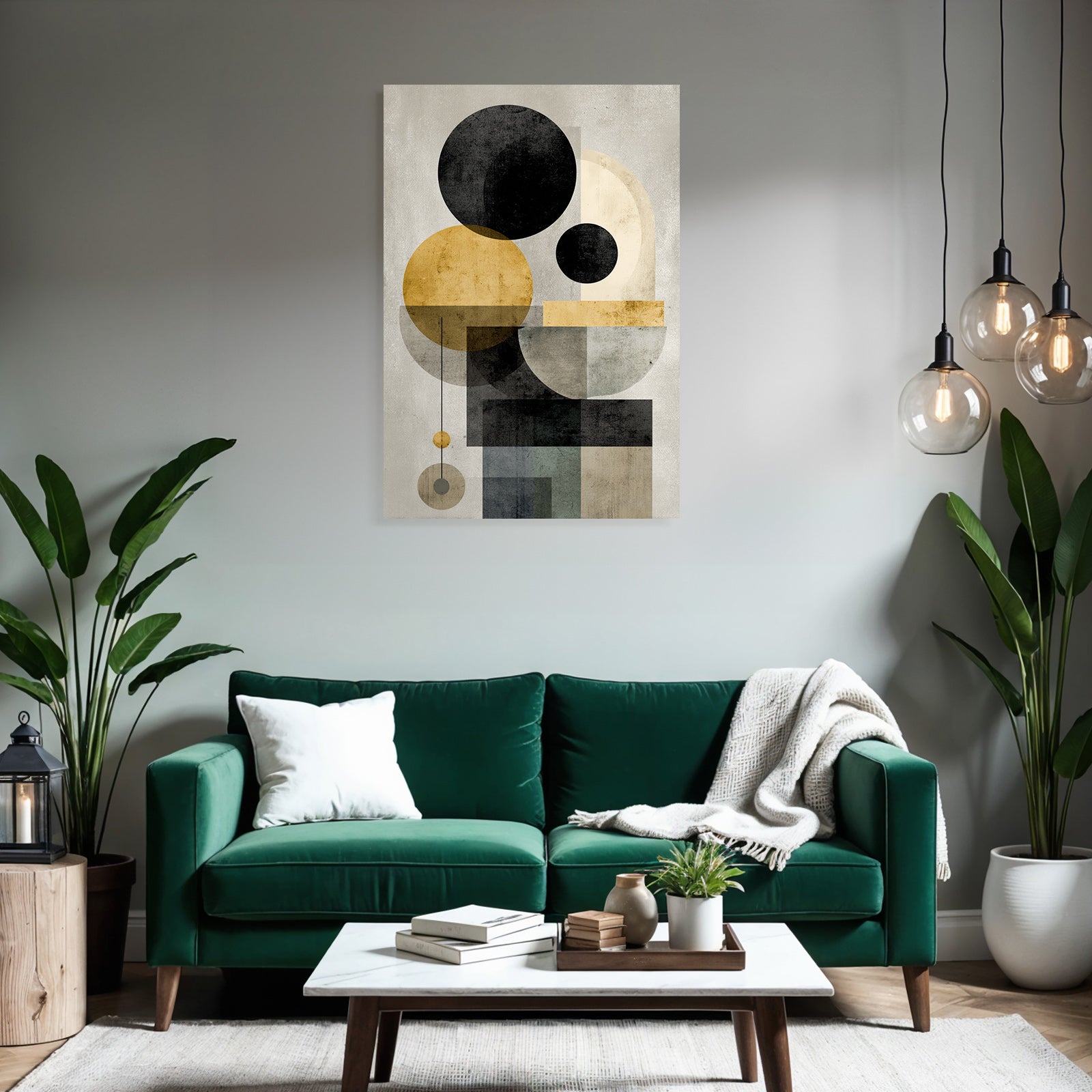 Abstract geometric compounding with black, golden, gray, and beige colors
