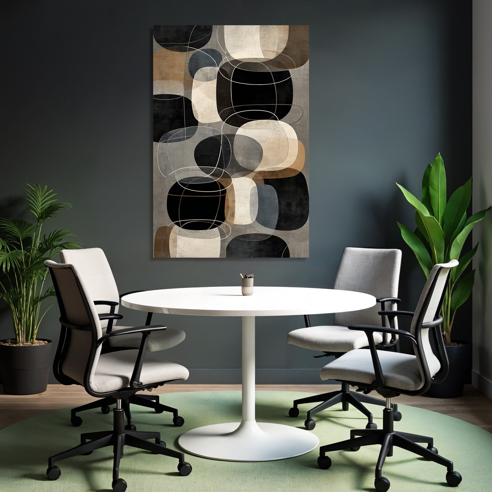 Abstract geometric shapes in black, beige, grey and brown