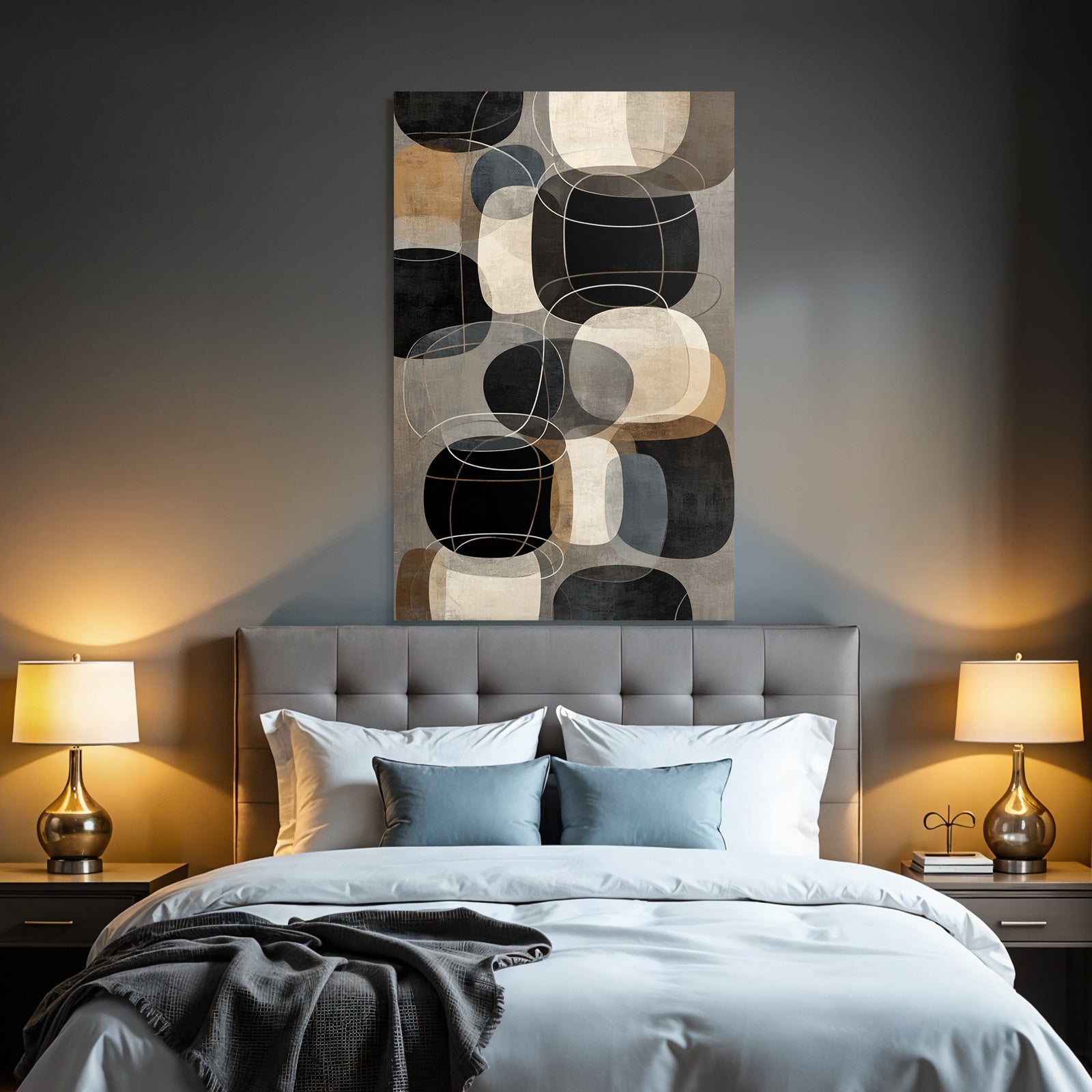 Abstract geometric shapes in black, beige, grey and brown