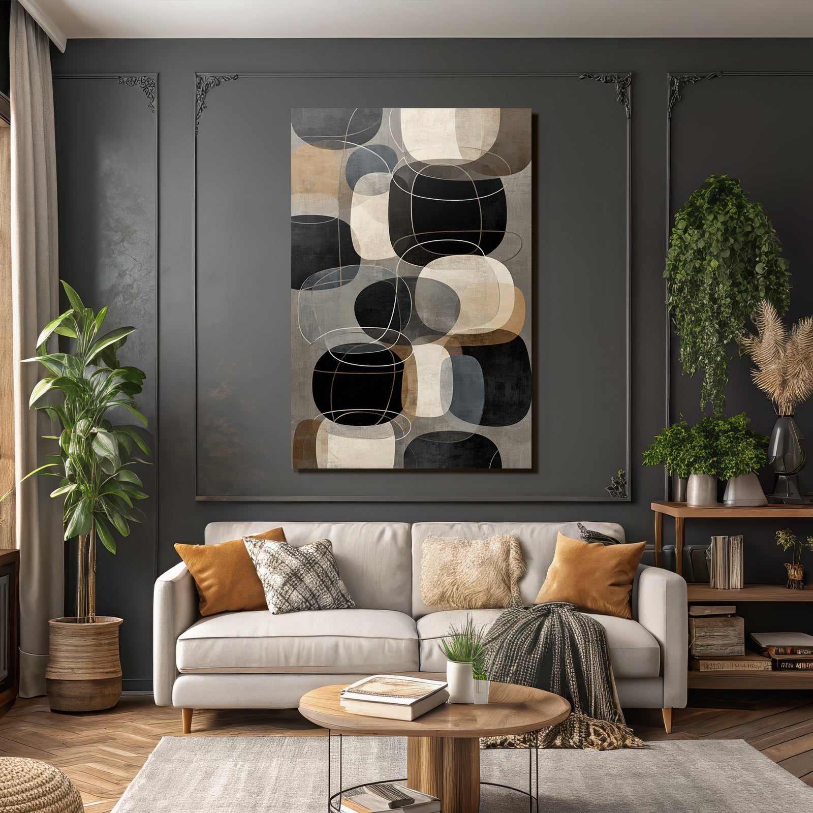 Abstract geometric shapes in black, beige, grey and brown