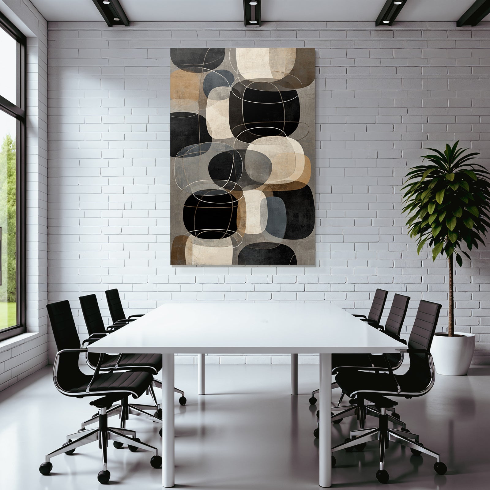 Abstract geometric shapes in black, beige, grey and brown