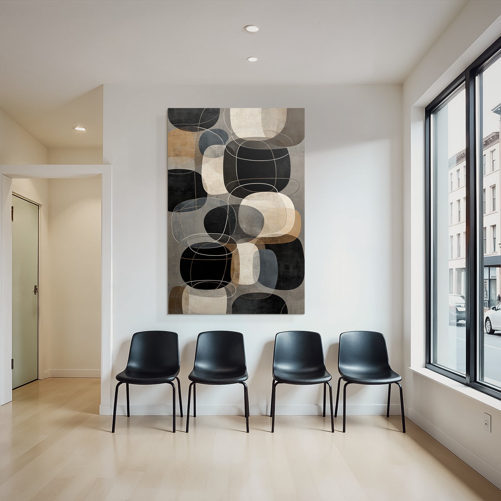 Abstract geometric shapes in black, beige, grey and brown