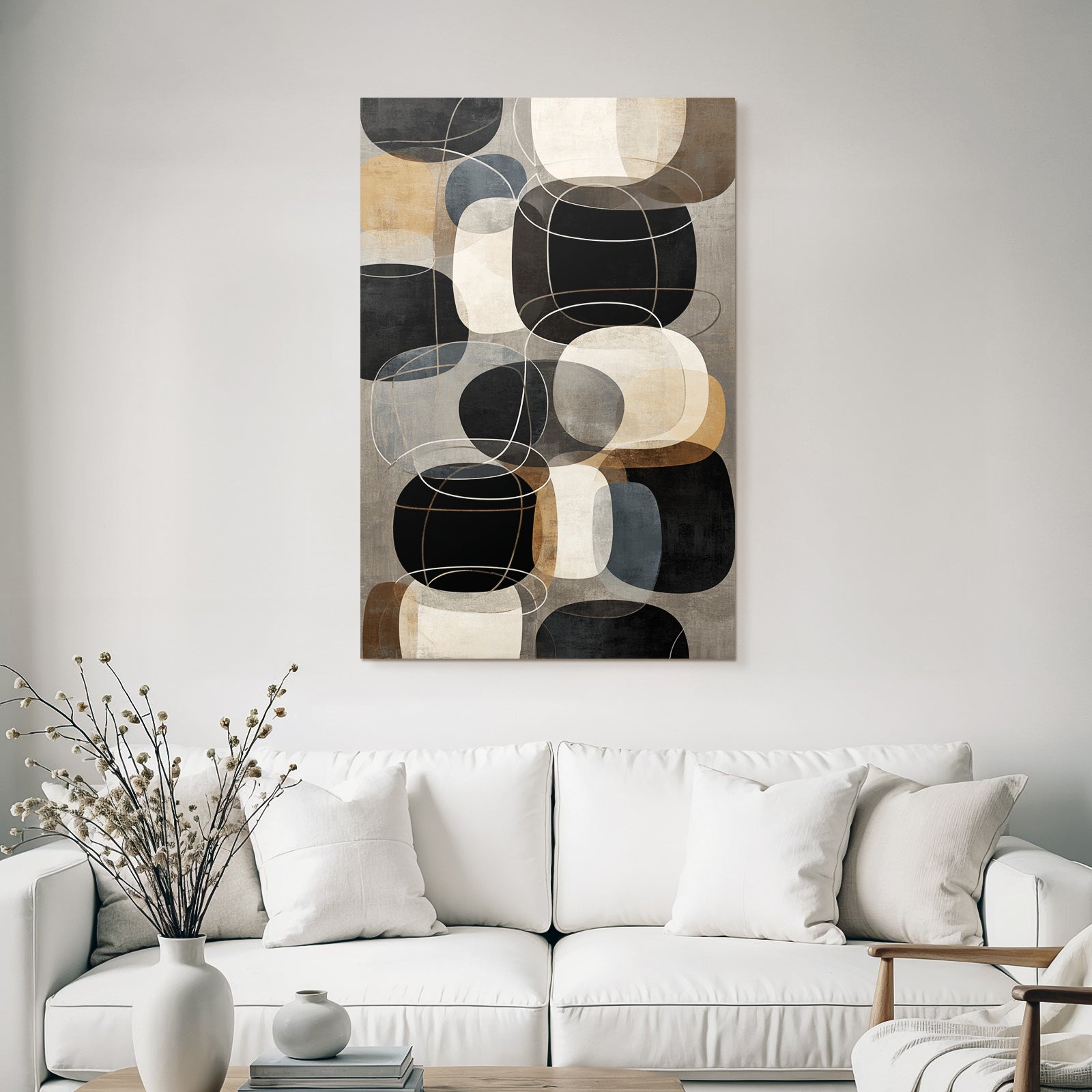 Abstract geometric shapes in black, beige, grey and brown