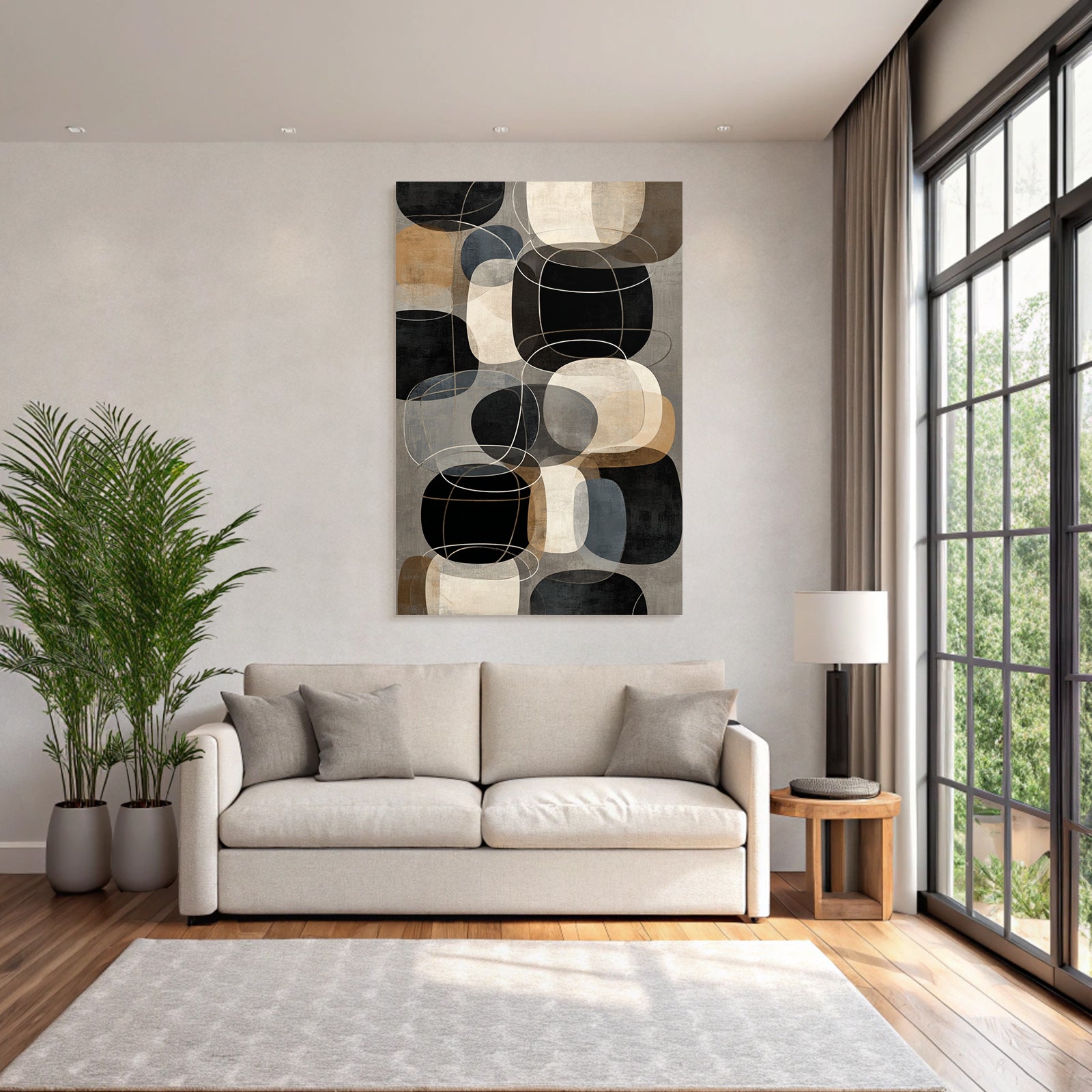 Abstract geometric shapes in black, beige, grey and brown