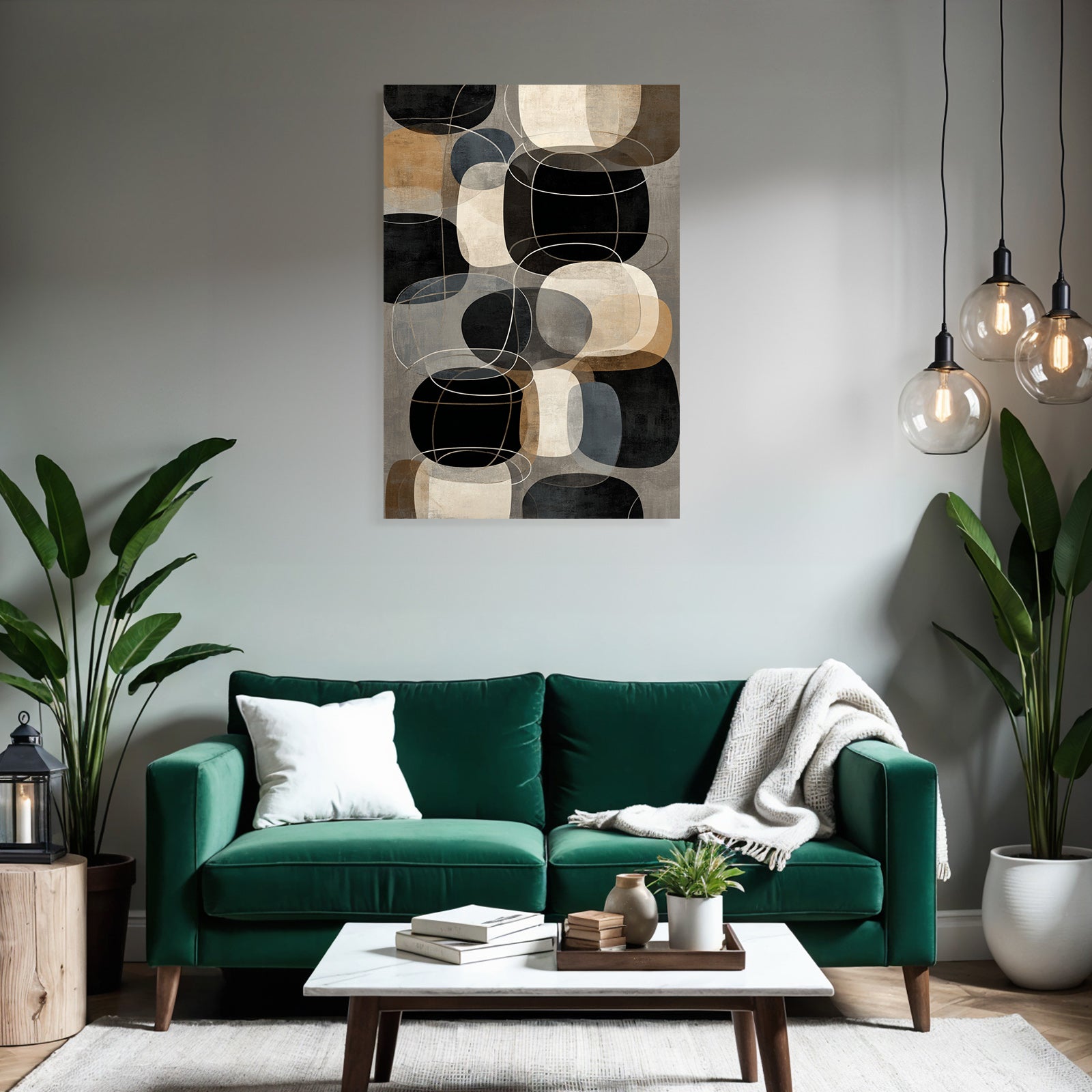 Abstract geometric shapes in black, beige, grey and brown