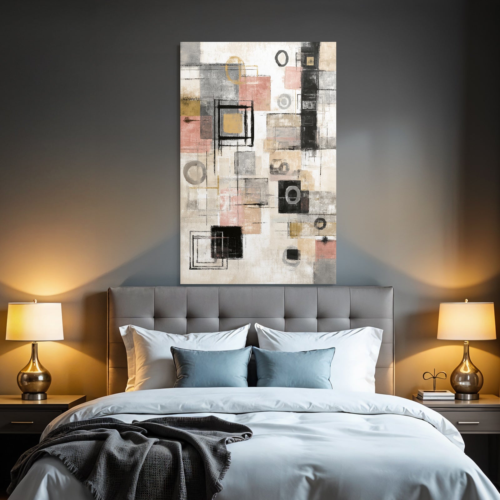 Abstract Geometric Art Gray Tones With Gold And Pink