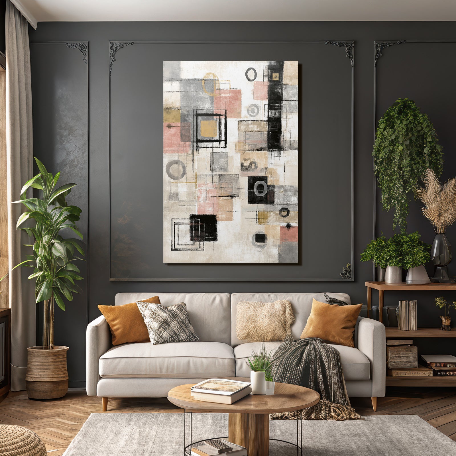 Abstract Geometric Art Gray Tones With Gold And Pink
