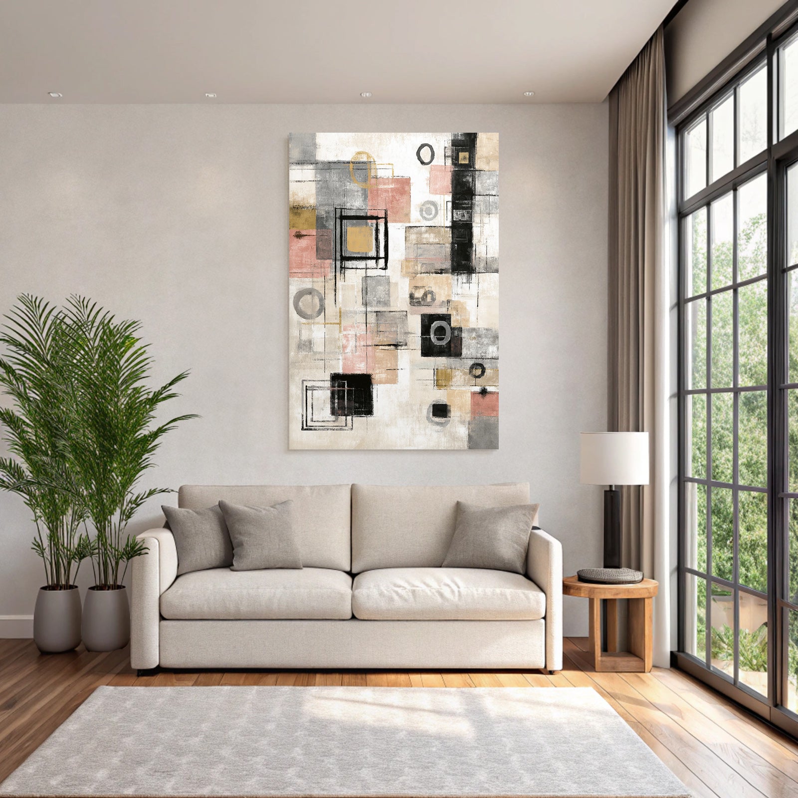 Abstract Geometric Art Gray Tones With Gold And Pink