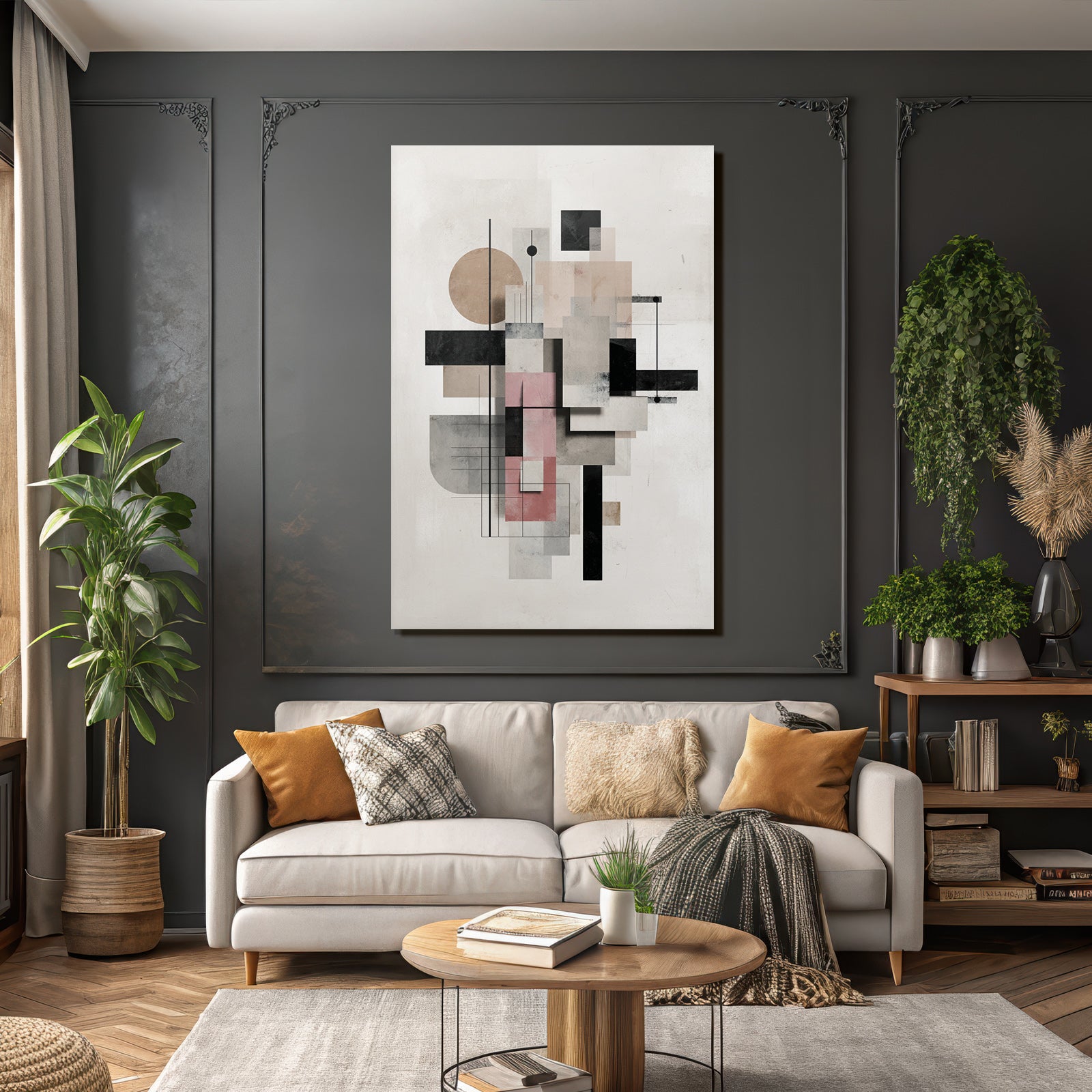 Abstract Art Geometric Shapes In Colors Black Pink Gray Beige