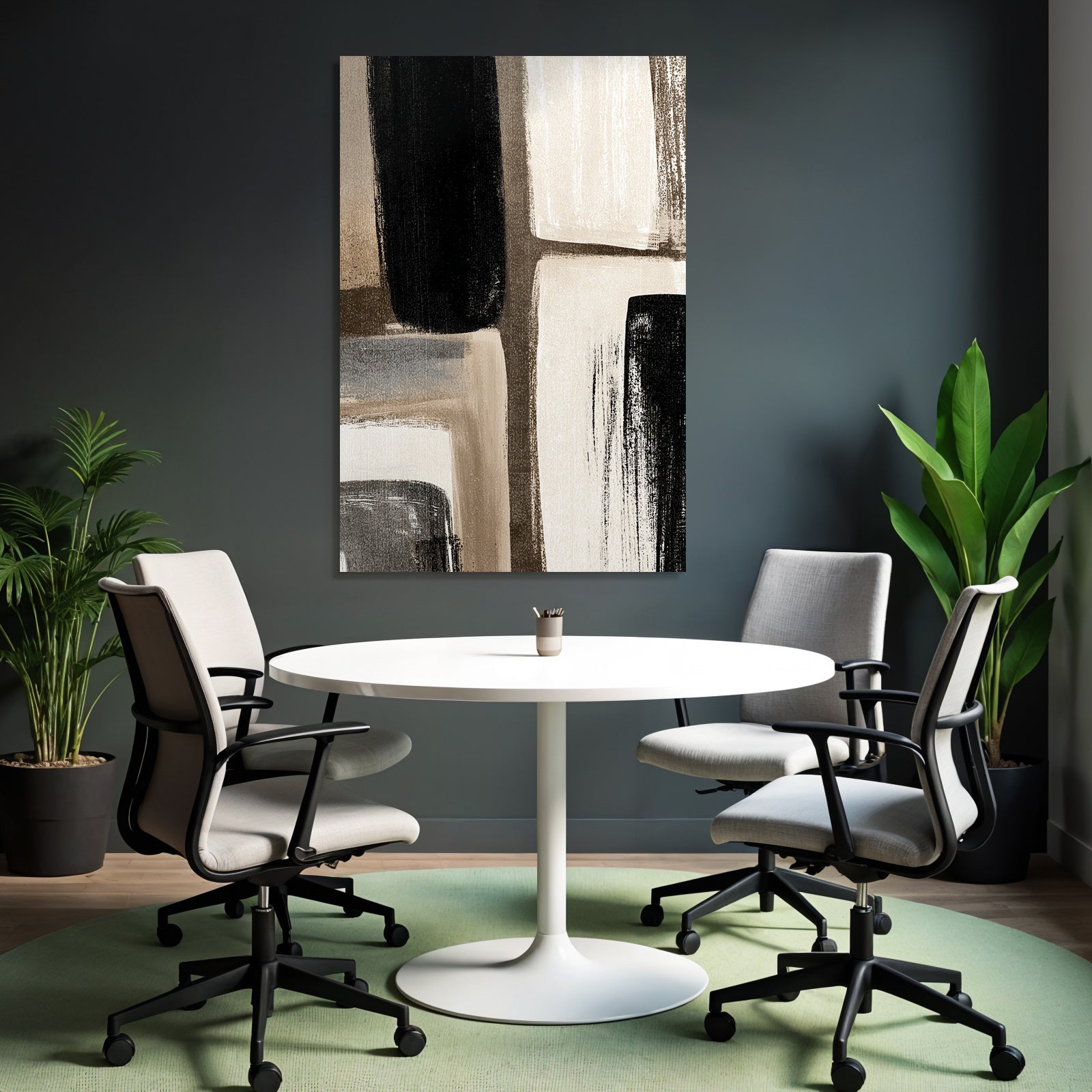 Abstract art with brush strokes in black, white and beige