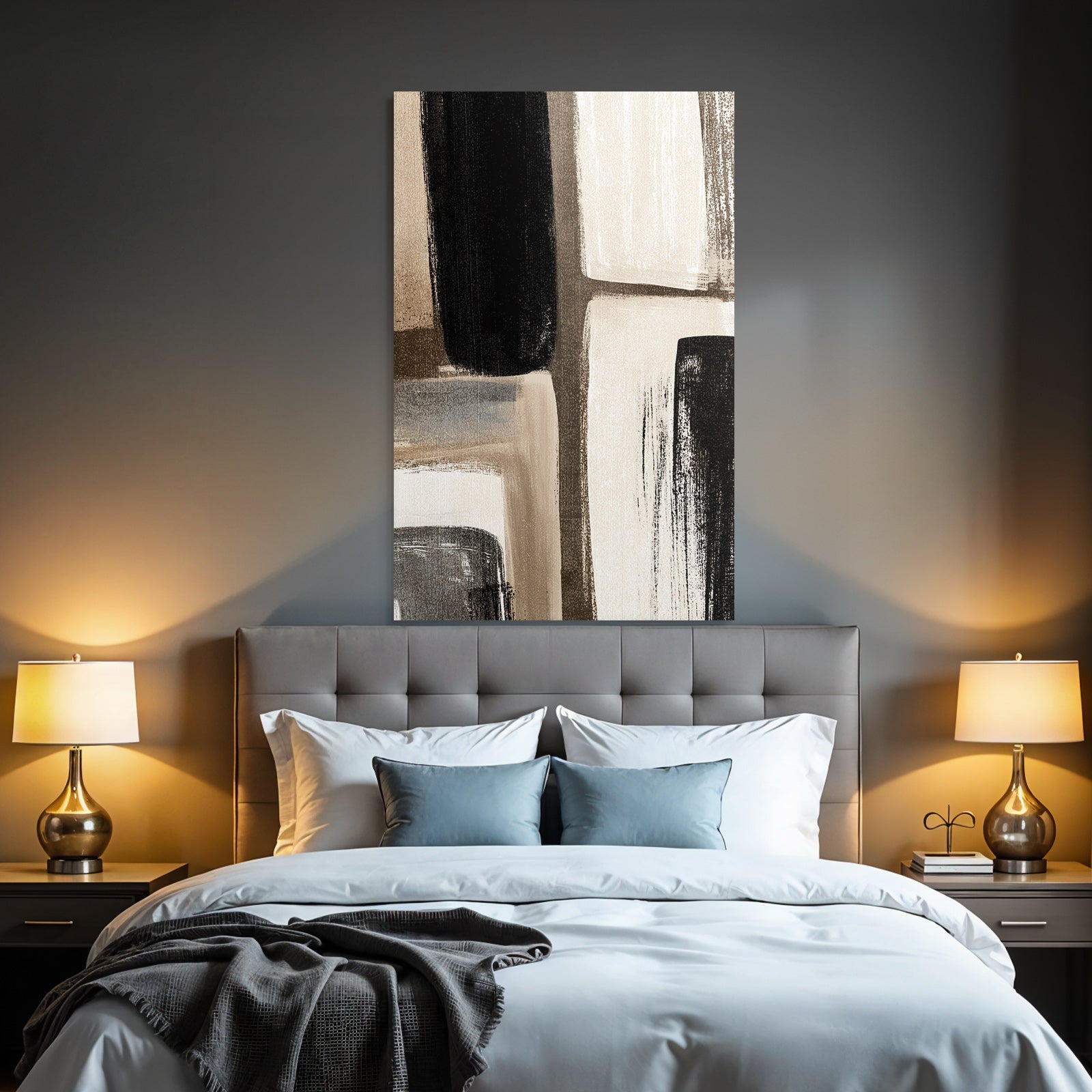 Abstract art with brush strokes in black, white and beige