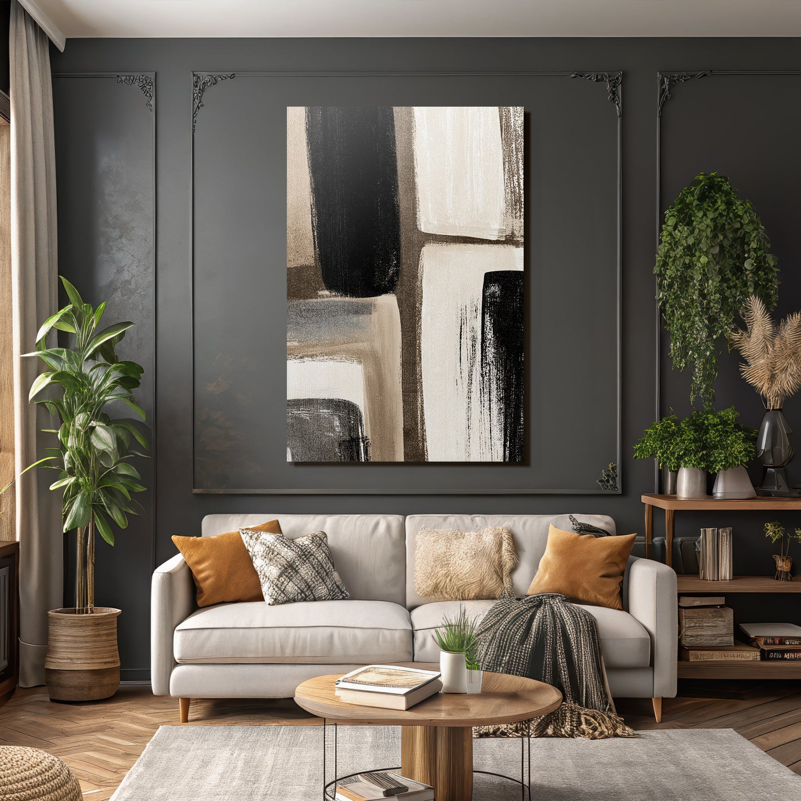 Abstract art with brush strokes in black, white and beige