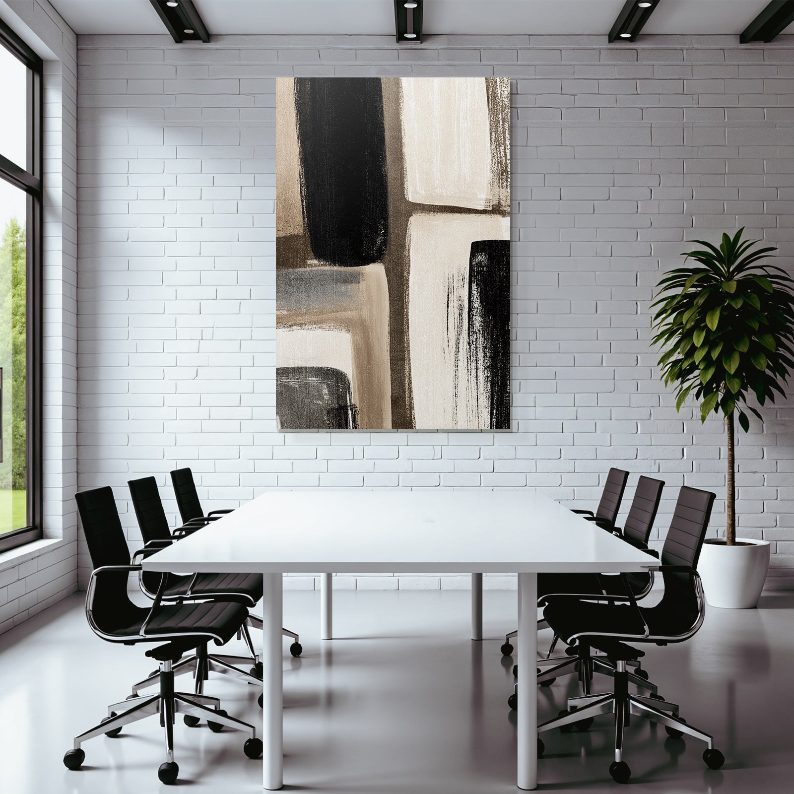 Abstract art with brush strokes in black, white and beige