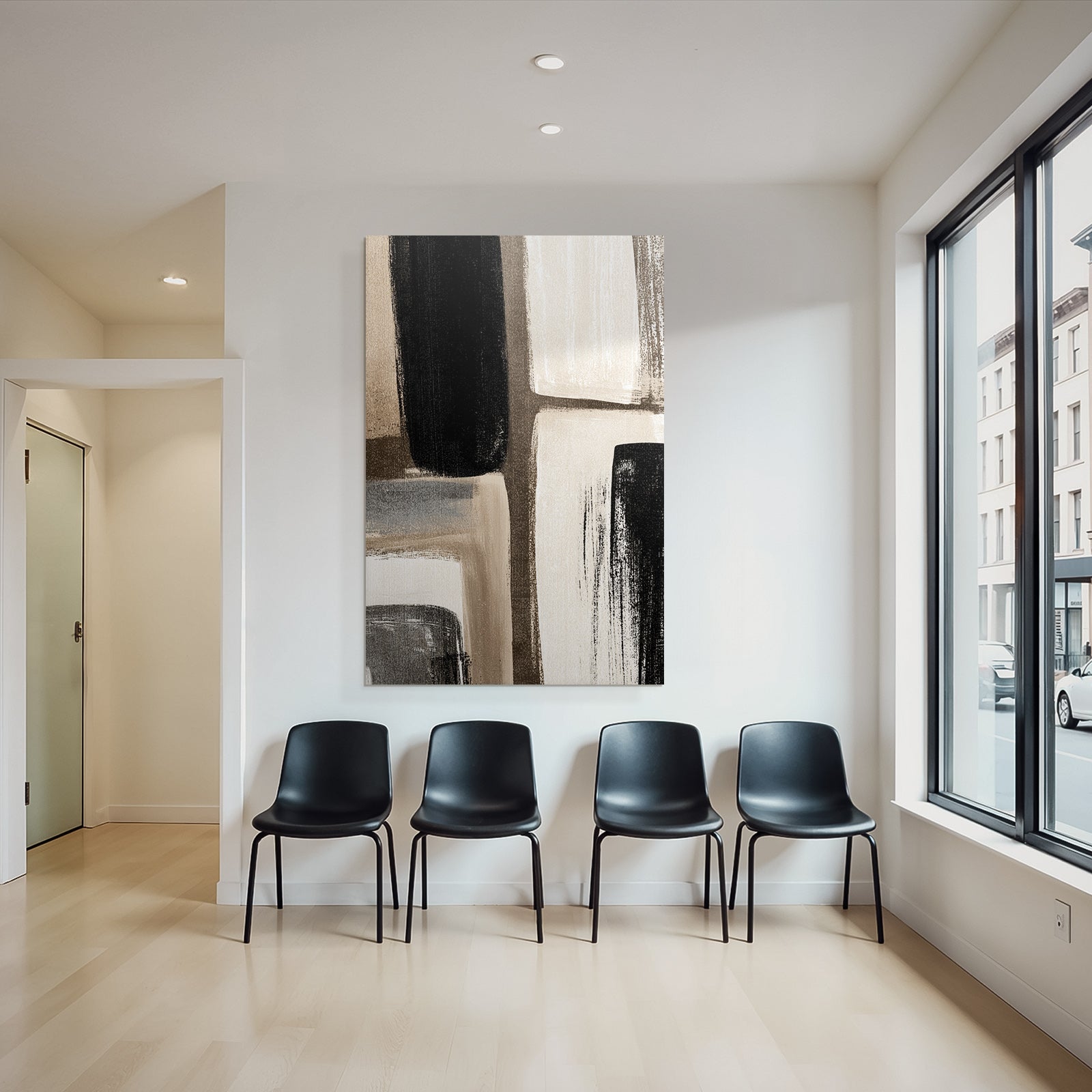 Abstract art with brush strokes in black, white and beige