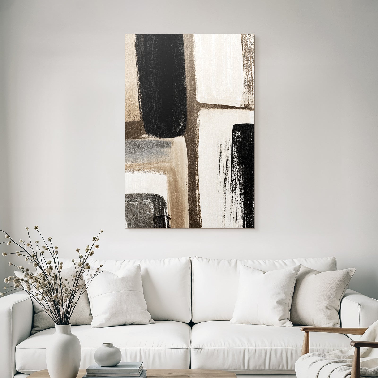 Abstract art with brush strokes in black, white and beige